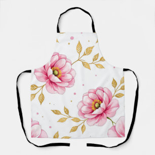 Pink Peony Flowers Golden Leaves Pattern Apron