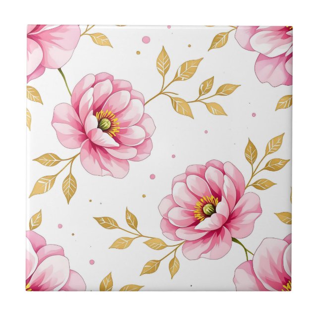 Pink Peony Flowers Golden Leaves Pattern Ceramic Tile (Front)