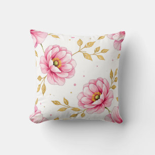 Pink Peony Flowers Golden Leaves Pattern Cushion
