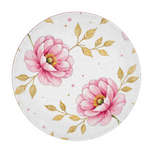 Pink Peony Flowers Golden Leaves Pattern Cutting Board