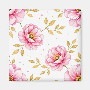 Pink Peony Flowers Golden Leaves Pattern Magnet