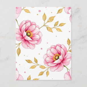 Pink Peony Flowers Golden Leaves Pattern Postcard