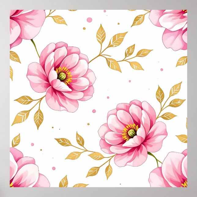 Pink Peony Flowers Golden Leaves Pattern Poster (Front)