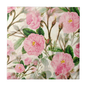 Pink Peony Flowers, Leaves & Buds Pattern Ceramic Tile