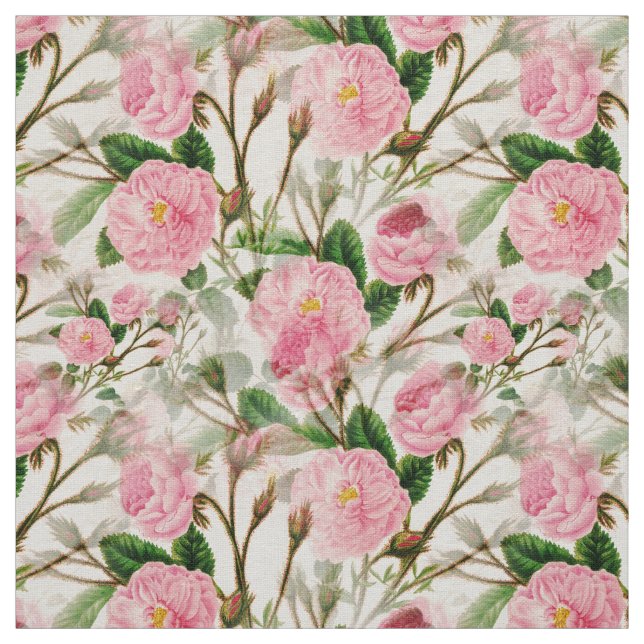Pink Peony Flowers, Leaves & Buds Pattern Fabric (Swatch)
