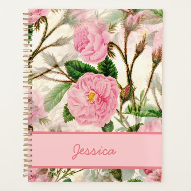 Pink Peony Flowers, Leaves & Buds Pattern  Planner (Front)