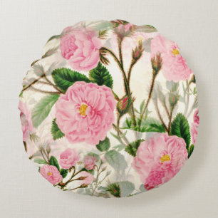 Pink Peony Flowers, Leaves & Buds Pattern Round Cushion