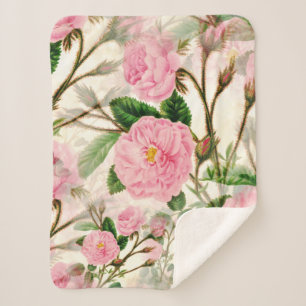 Pink Peony Flowers, Leaves & Buds Pattern  Sherpa Blanket