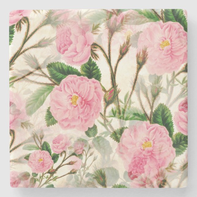 Pink Peony Flowers, Leaves & Buds Pattern Stone Coaster (Front)