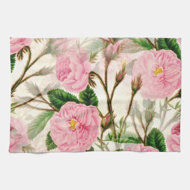Pink Peony Flowers, Leaves & Buds Pattern  Tea Towel (Horizontal)