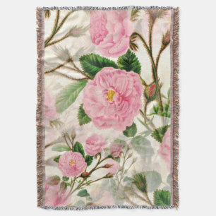 Pink Peony Flowers, Leaves & Buds Pattern Throw Blanket