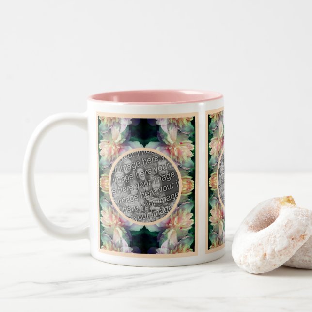 Pink Peony Flowers Multiplied Add Your Photo Two-Tone Coffee Mug (With Donut)