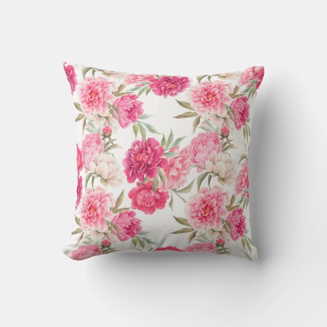 Pink peony flowers seamless pattern cushion (Front)