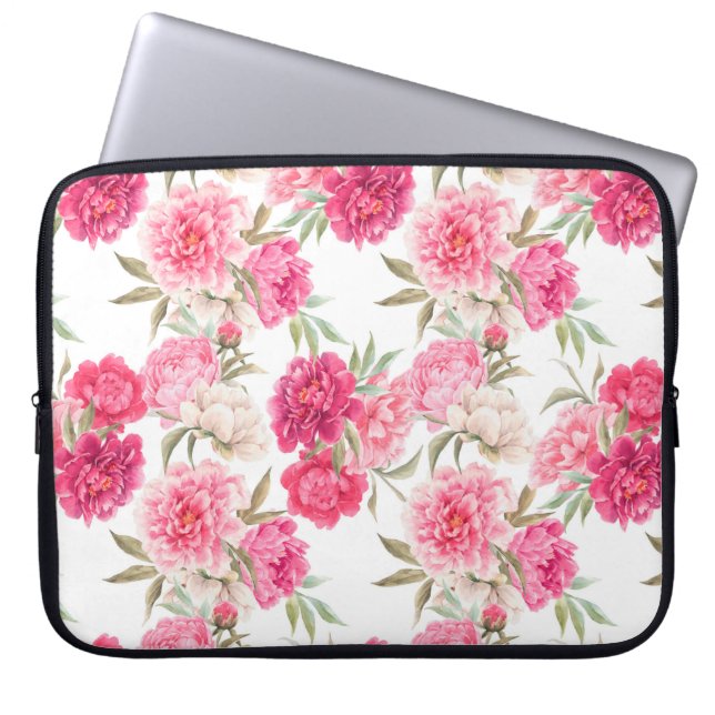 Pink peony flowers seamless pattern laptop sleeve (Front)