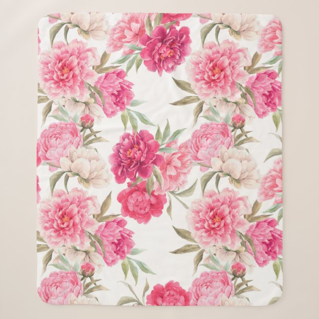 Pink peony flowers seamless pattern sherpa blanket (Front)
