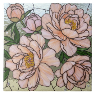Pink Peony Flowers Stained Glass Effect Ceramic Tile