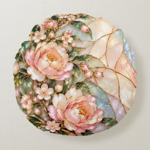 Pink Peony Flowers with Blue Mother of Pearl Flora Round Cushion