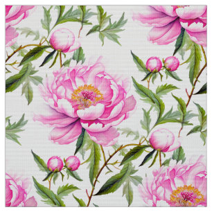 Pink Peony Flowers with Sage Green Leaves Fabric