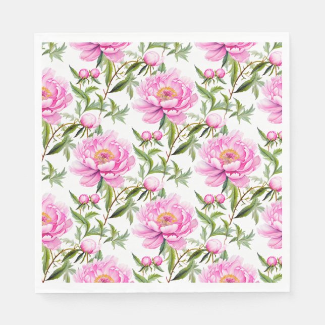 Pink Peony Flowers with Sage Green Leaves Napkin (Front)