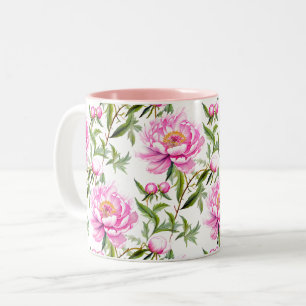 Pink Peony Flowers with Sage Green Leaves Two-Tone Coffee Mug