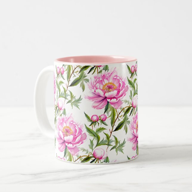 Pink Peony Flowers with Sage Green Leaves Two-Tone Coffee Mug (Front Left)