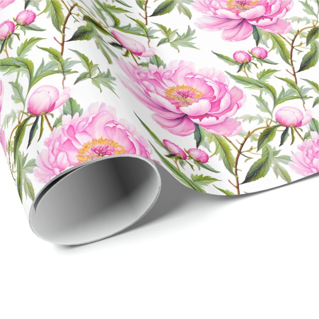 Pink Peony Flowers with Sage Green Leaves Wrapping Paper (Roll Corner)