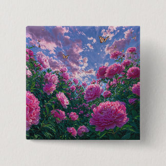 Pink Peony Garden Art with Butterflies 15 Cm Square Badge