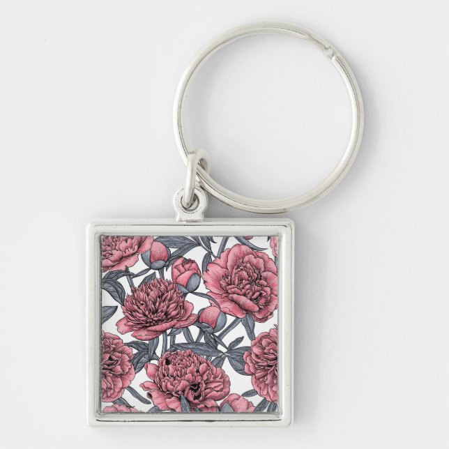 Pink peony garden key ring (Front)