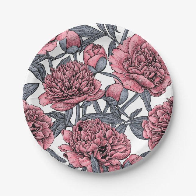Pink peony garden paper plate (Front)