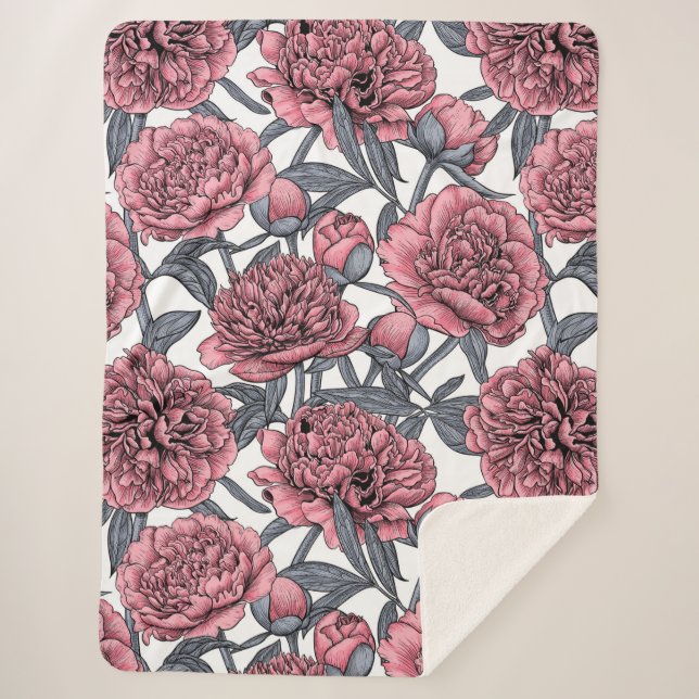 Pink peony garden sherpa blanket (Front)