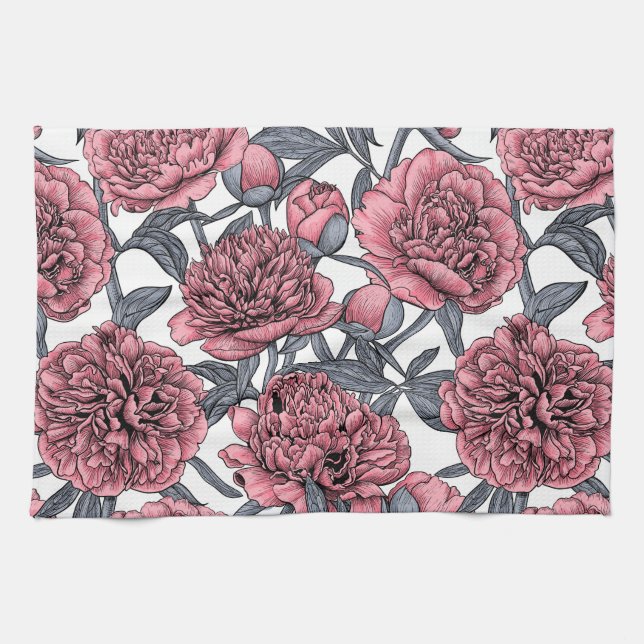 Pink peony garden tea towel (Horizontal)