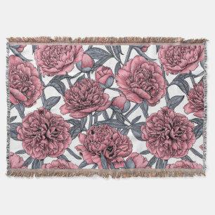 Pink peony garden throw blanket