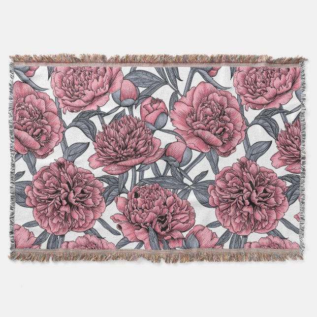 Pink peony garden throw blanket (Front)
