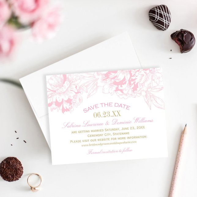 Pink Peony Gold Accent Wedding Save The Date (Creator Uploaded)
