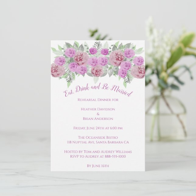 Pink Peony Greenery Rehearsal Dinner Invitation (Standing Front)