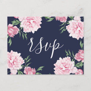 Pink Peony & Navy Background RSVP Invitation Postcard