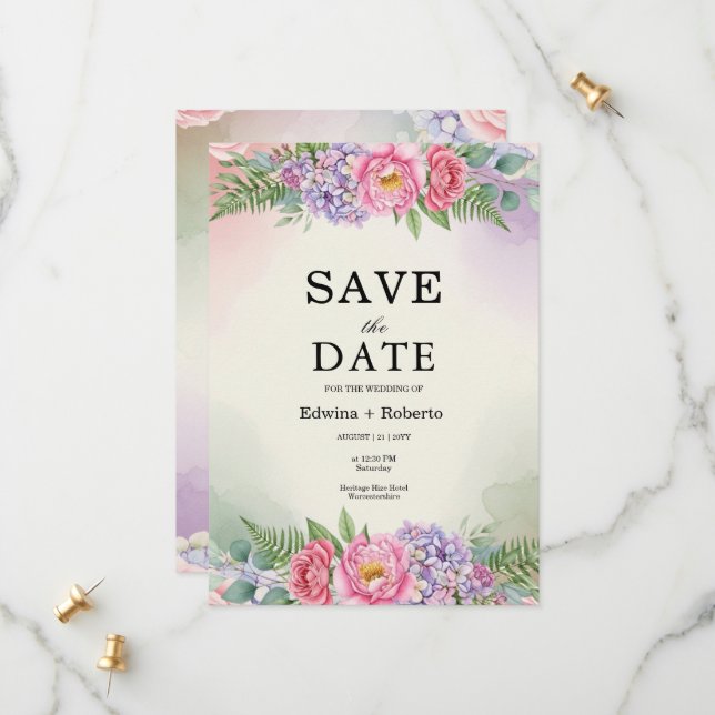 Pink Peony Purple Hydrangea Floral Save the Date  (Front/Back In Situ)