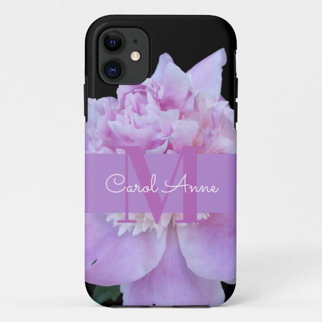 Pink Peony Purple Monogram Black Case-Mate iPhone Case (Back)