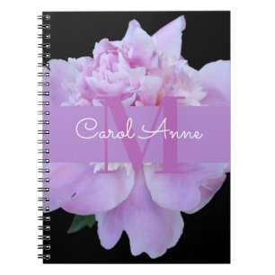 Pink Peony Purple Monogram Floral Black Notebook