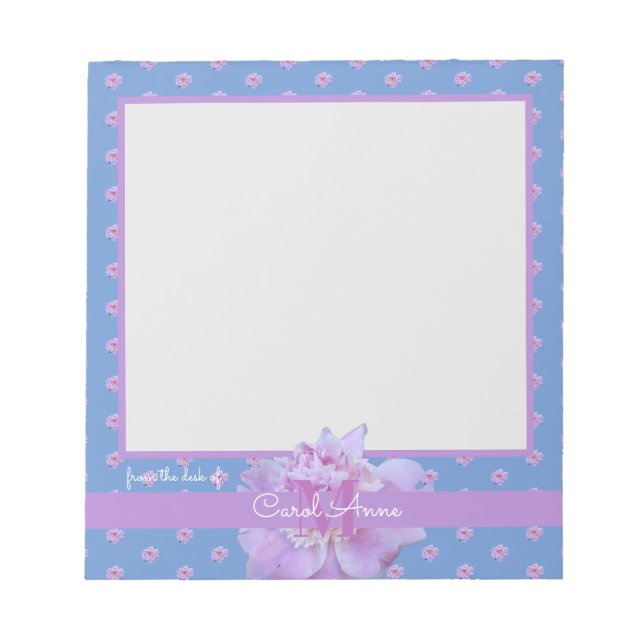 Pink Peony Purple Monogram Floral Sky Blue Notepad (Front)