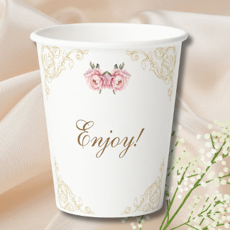 Pink Peony Rococo Flowers Baby Shower Paper Cups