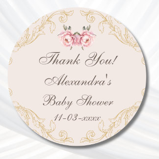 Pink Peony Rococo Flowers Baby Shower Thank You Classic Round Sticker