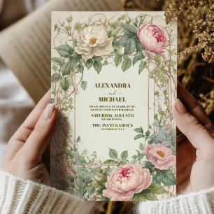 Pink Peony Romantic Art Nouveau Wedding Invitation