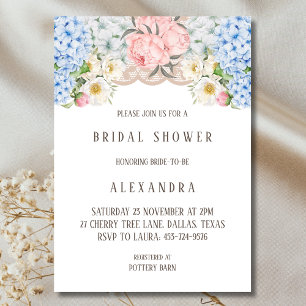 Pink Peony Romantic Blue Hydrangea Bridal Shower I Invitation
