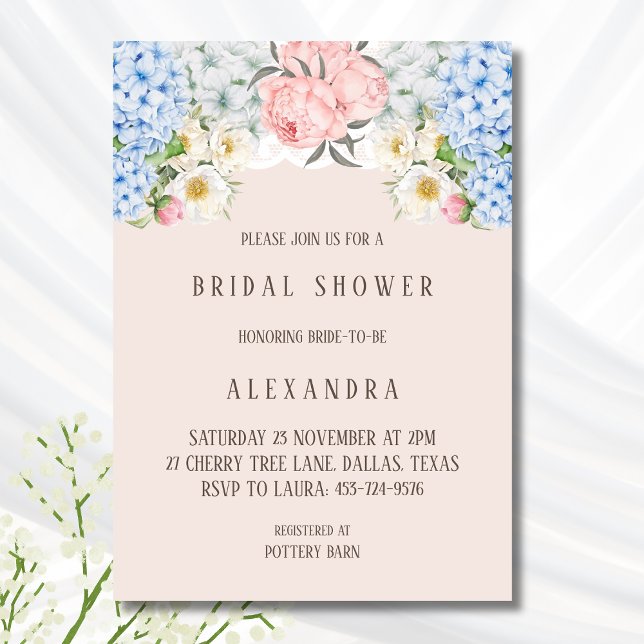 Pink Peony Romantic Blue Hydrangea Bridal Shower Invitation (Creator Uploaded)