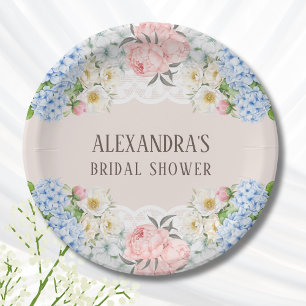 Pink Peony Romantic Blue Hydrangea Bridal Shower Paper Plate