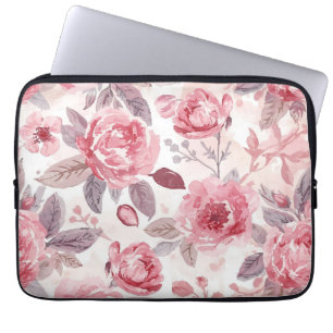 Pink Peony Rose Watercolor Floral Garden Laptop Sleeve