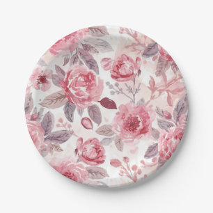 Pink Peony Rose Watercolor Floral Garden Paper Plate
