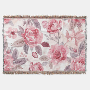 Pink Peony Rose Watercolor Floral Garden Throw Blanket