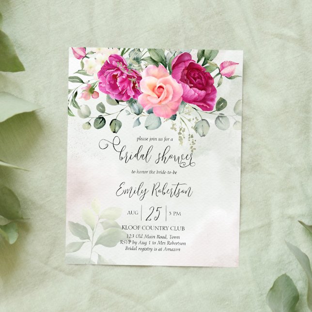 Pink peony roses greenery bridal shower invite (Creator Uploaded)